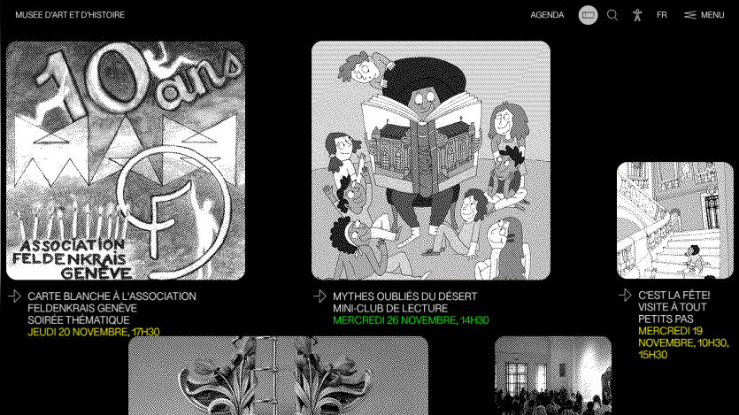 Musée d'Art et d'Histoire website showing upcoming events with dates and times in November