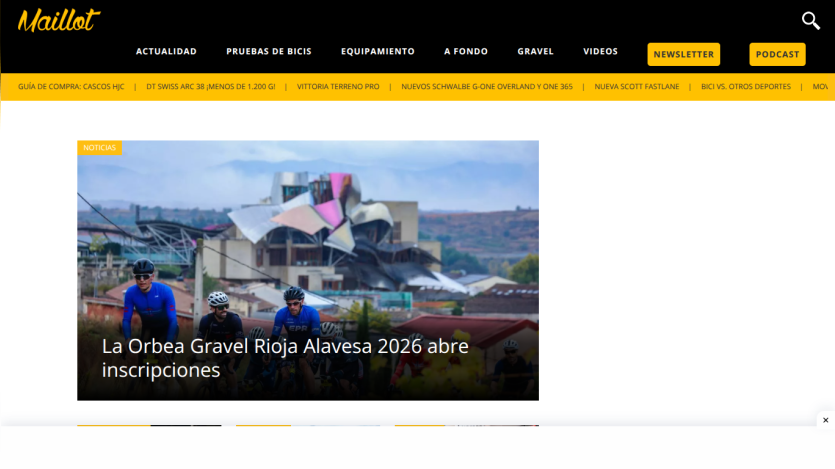 Maillot website with navigation and headline about Orbea Gravel Rioja Alavesa 2026 opening registrations