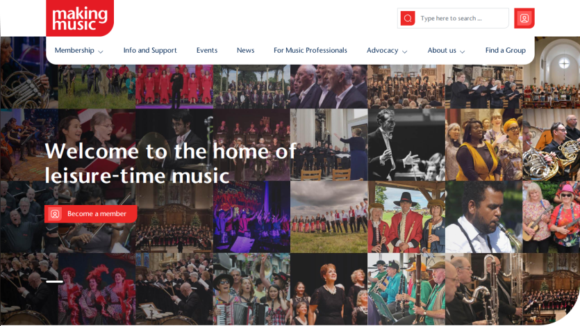 Making Music homepage with navigation and collage of music groups, headline 'Welcome to the home of leisure-time music', and 'Become a member' button