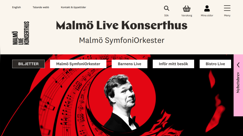 Malmö Live Konserthus website header with navigation and a hero image featuring Malmö SymfoniOrkester.