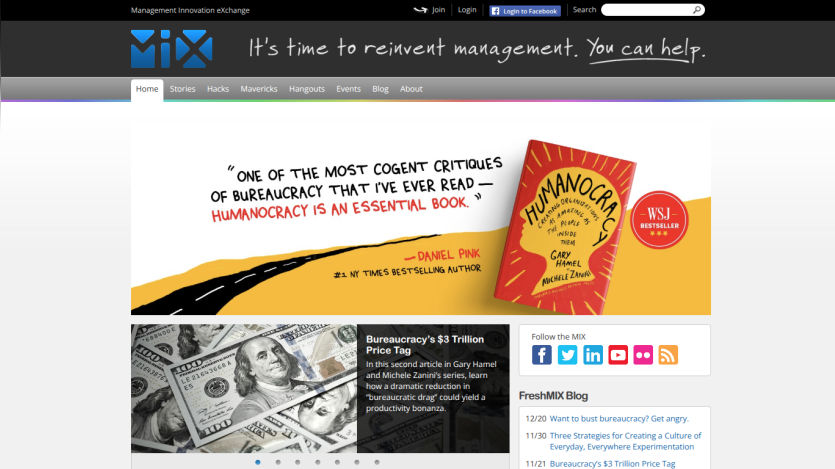 Management Innovation eXchange homepage with book promotion, navigation menu, and blog links