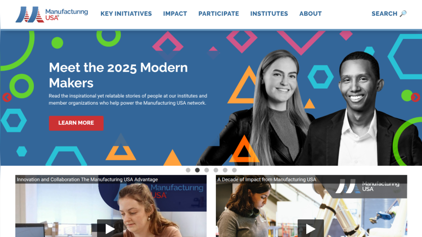 Manufacturing USA homepage featuring 2025 Modern Makers initiative with navigation menu and video thumbnails below