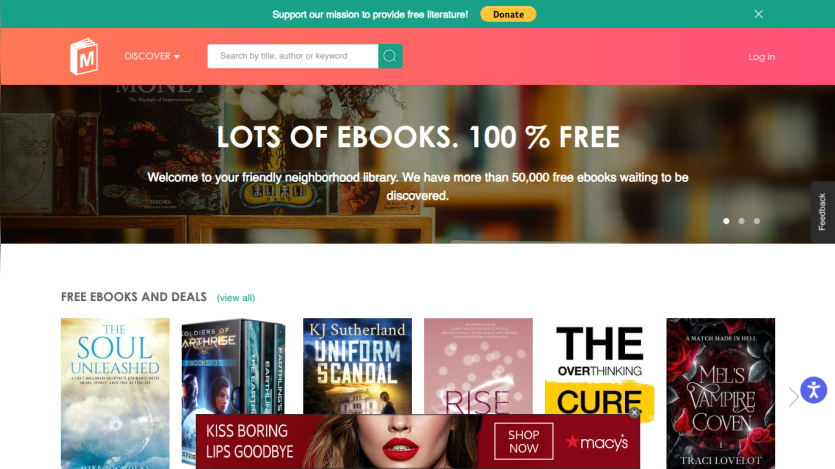 Homepage featuring free ebooks with a welcoming message and promotional banners.