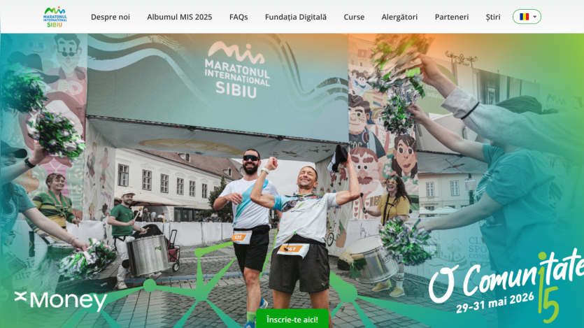Maratonul International Sibiu event page with runners celebrating and call to action to register for May 29-31, 2026
