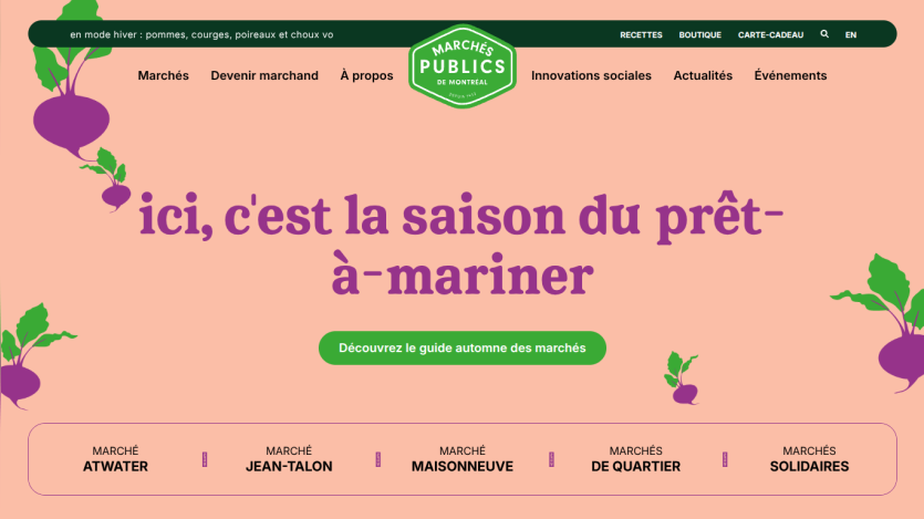 Marchés Publics de Montréal website with autumn market season message and navigation links