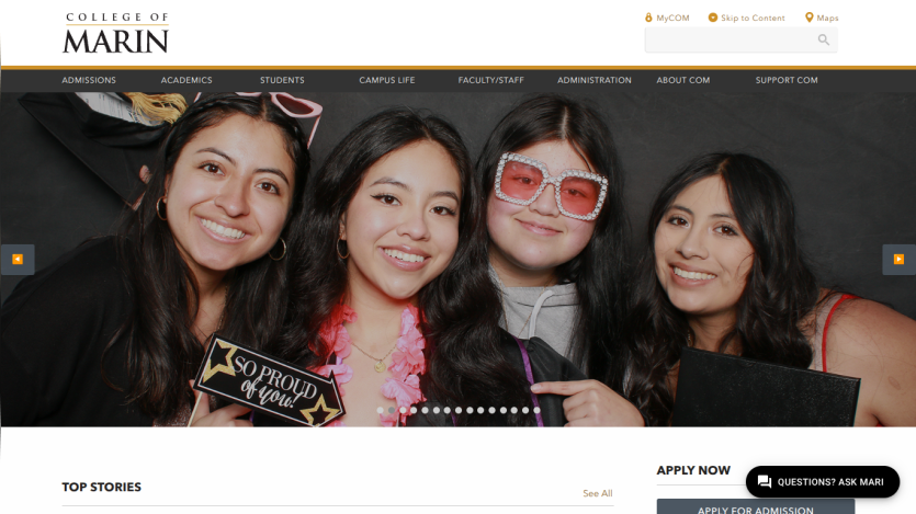 College of Marin homepage with navigation menu and hero image of four smiling students celebrating