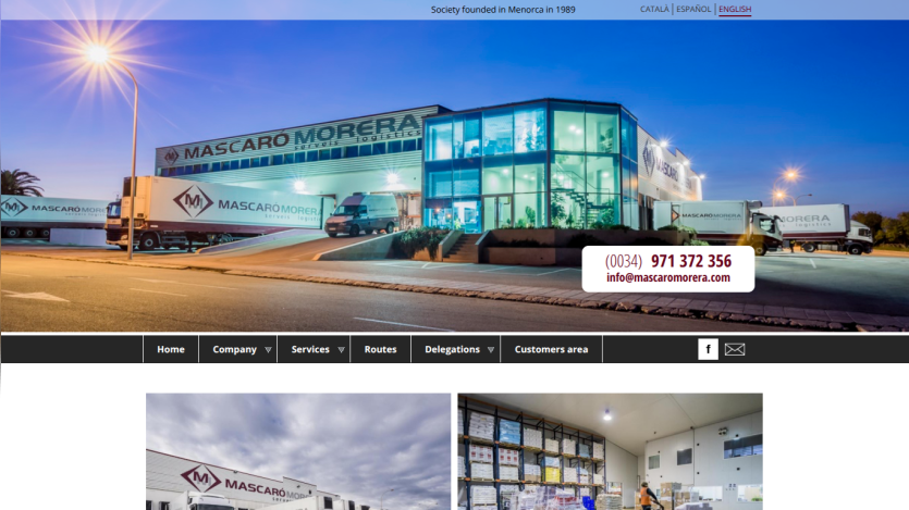 Logistics company Mascare Morera with contact info and navigation menu on homepage