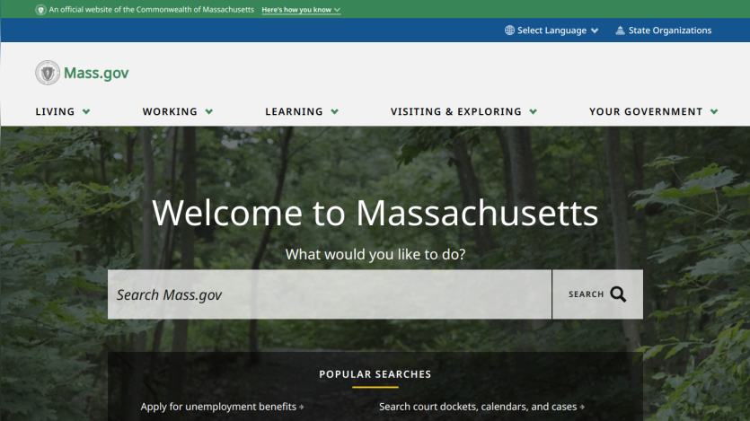Homepage of Massachusetts government website with search bar and navigation options.