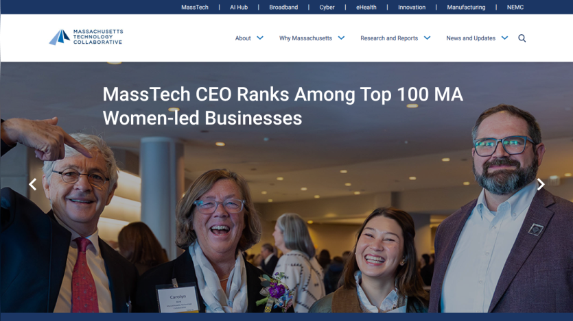 MassTech homepage highlighting CEO ranked among top 100 Massachusetts women-led businesses with navigation and logo visible.