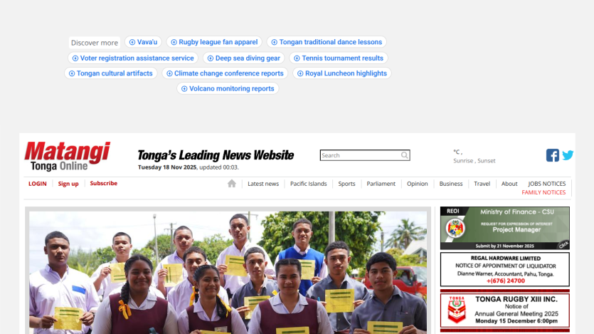 Matangi Tonga Online news website with headline Tonga's Leading News Website and a group photo of students holding certificates