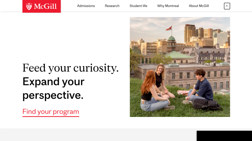 Homepage of McGill University featuring students outdoors with a call to action to find programs.