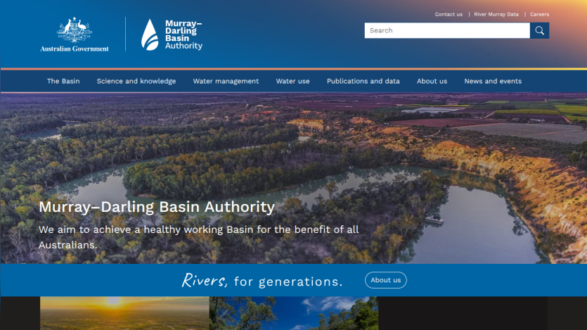 Murray-Darling Basin Authority homepage with navigation and a river landscape background, promoting a healthy working Basin.