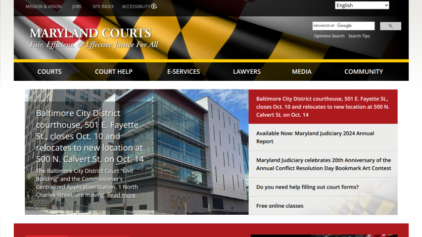 Maryland Courts homepage featuring navigation and a building image.