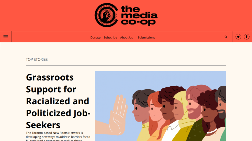 The Media Co-op website with top stories headline on grassroots support for racialized and politicized job-seekers and an illustration of diverse people