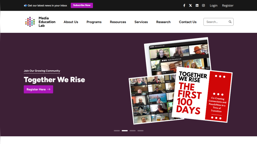 Media Education Lab homepage with navigation and hero section promoting community registration 'Together We Rise'