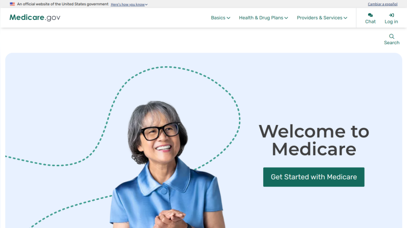 Welcome to Medicare with a smiling woman and a call to action to get started.
