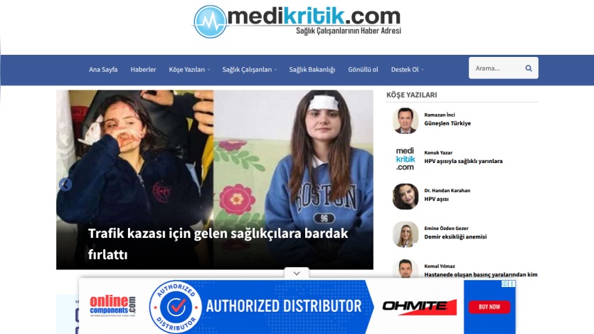 Medikritik.com homepage with news slider about emergency call center and sidebar with columnists and popular articles