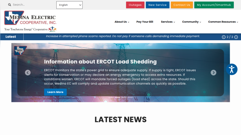 Medina Electric Cooperative homepage with navigation menu, alert about phone scams, and information on ERCOT load shedding with a Learn More button