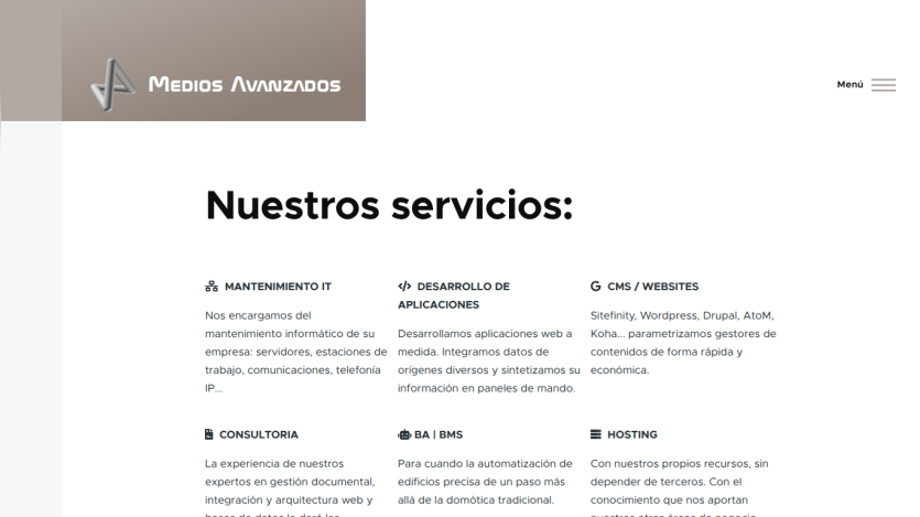 Medios Avanzados website showing IT maintenance, application development, CMS/websites, consulting, BA/BMS, and hosting services