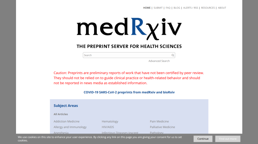 Homepage of medRxiv, featuring search bar and subject areas for health sciences.