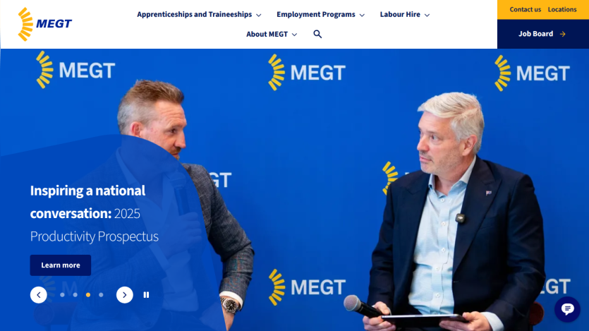 MEGT website header with navigation and hero section featuring two men discussing the 2025 Productivity Prospectus