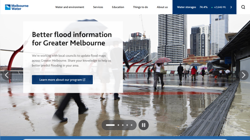 Melbourne Water website homepage with flood information program for Greater Melbourne and navigation menu