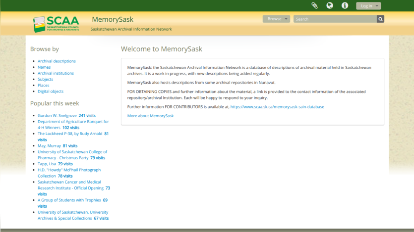 SCAA MemorySask webpage with navigation menu and welcome text describing the MemorySask project