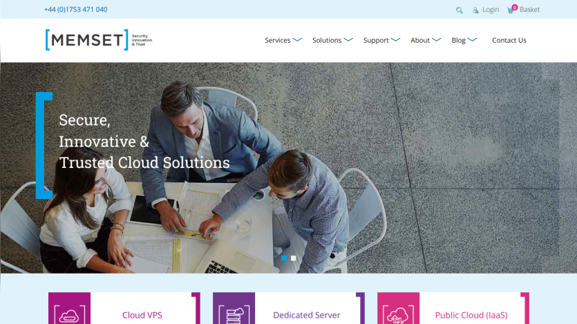 Homepage of Memset showcasing cloud solutions with a team collaborating.