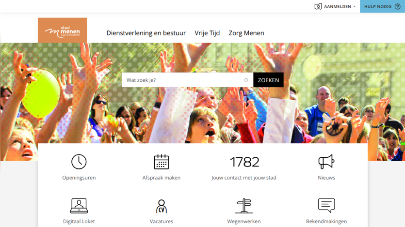 City of Menen website with navigation links, search bar, and icons for services like opening hours, appointments, news, and vacancies
