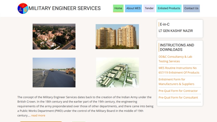 Military Engineer Services homepage with navigation, images of buildings and roads, and historical description