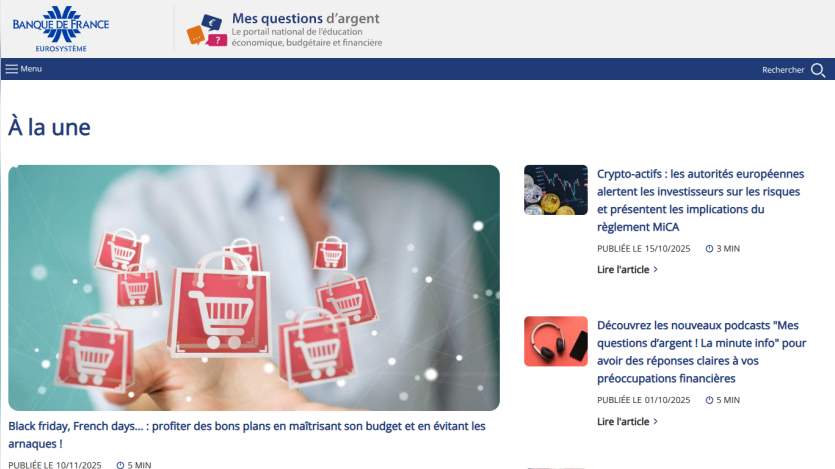 Banque de France financial education portal with featured article on Black Friday budgeting and fraud prevention