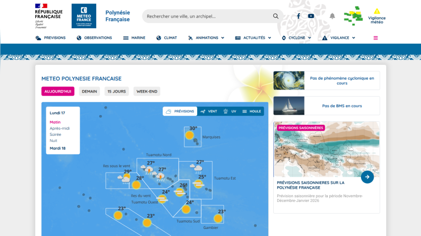 Weather forecast for French Polynesia showing temperatures and weather conditions for various islands on Monday 17 morning