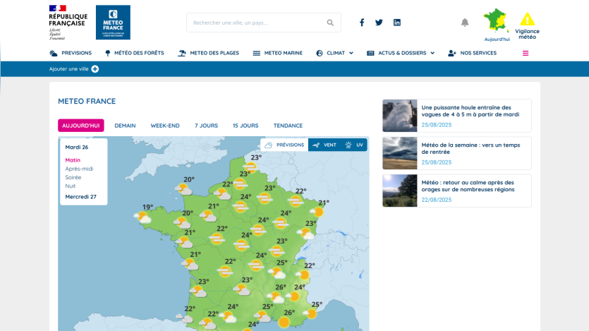 Weather map of France showing various weather conditions across regions.