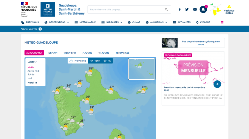 Weather forecast for Guadeloupe with temperatures and rain icons for Monday morning, navigation menu, and monthly forecast preview