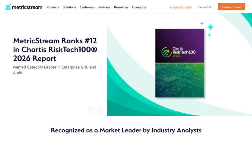 MetricStream homepage showing ranking as #12 in Chartis RiskTech100® 2026 report with industry leader recognition