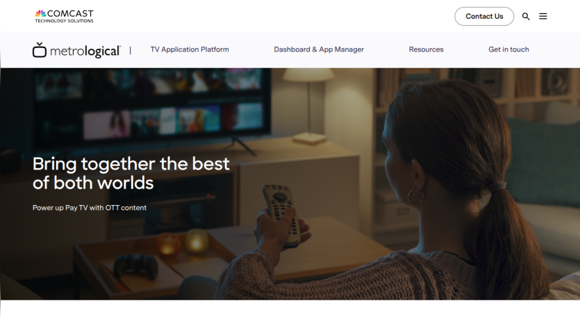 Hero section promoting a TV application platform with a person holding a remote.