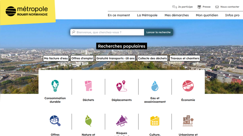 Rouen Normandie Métropole homepage with search bar, popular searches, and category icons for services like waste, transport, and economy