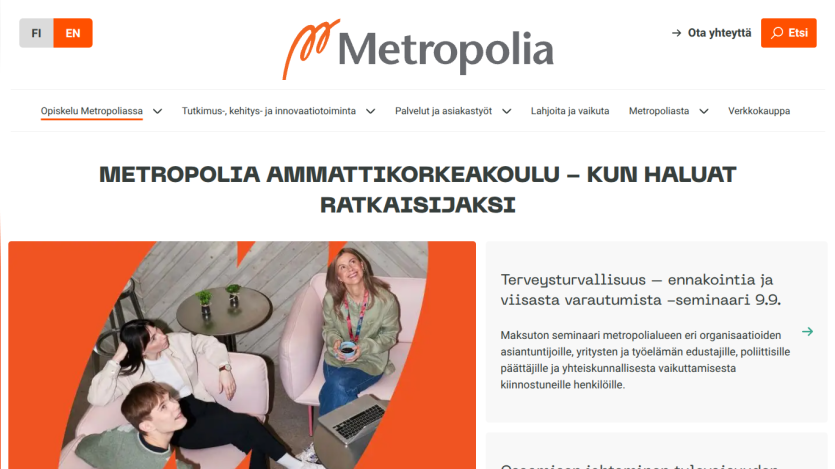 Metropolia University homepage featuring students and a welcome message.