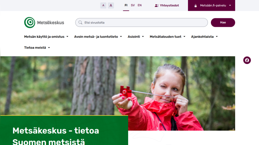 Metsäkeskus website with navigation menu, search bar, and hero image of a woman in a red jacket measuring in a forest