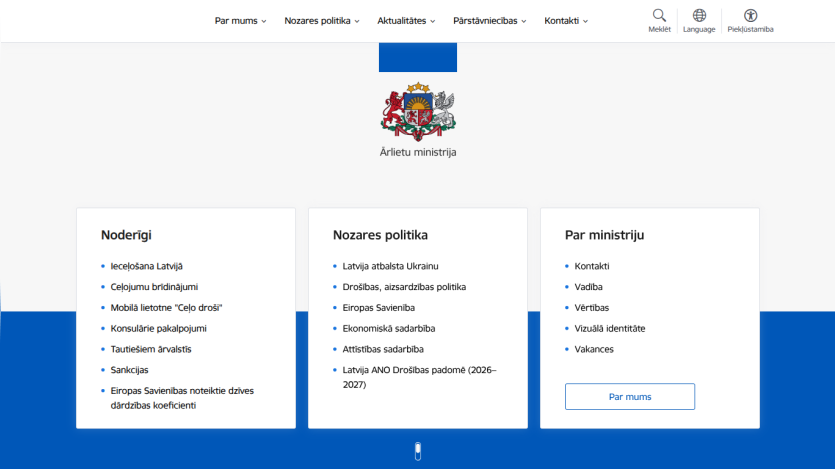 Website homepage featuring sections on policies and ministries with a coat of arms.