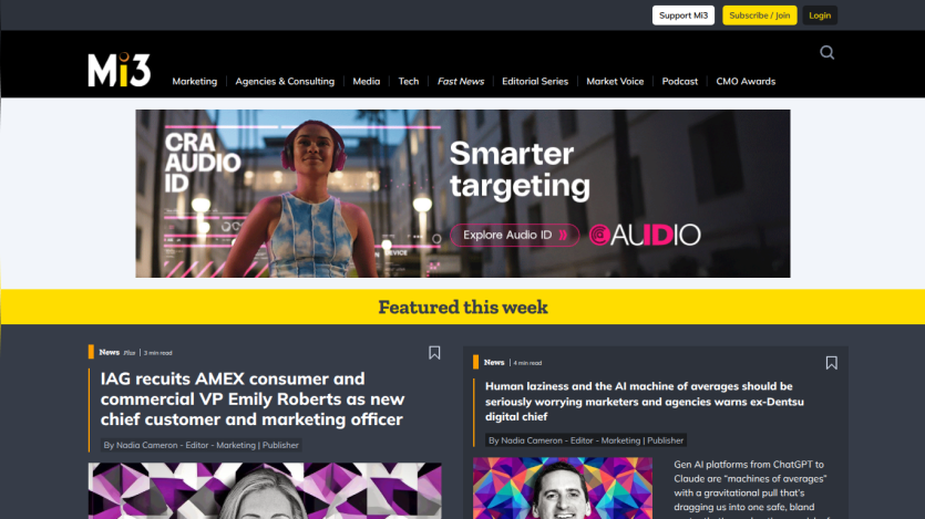 Marketing news site Mi3 with hero banner on audio ID technology and featured articles on marketing leadership and AI impact