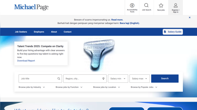 Michael Page job search page with search filters and Talent Trends 2025 report link.