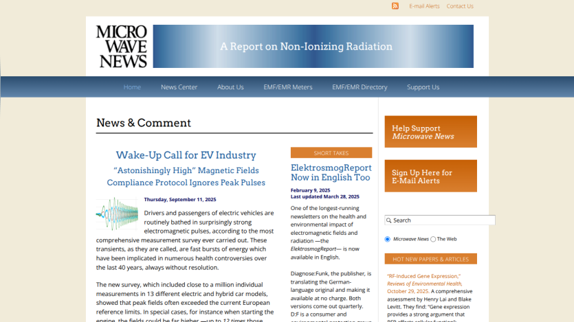 Microwave News homepage with news articles on EV industry magnetic fields and ElektrosmogReport newsletter in English