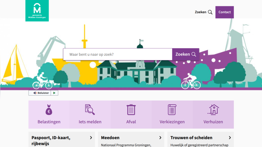 Municipality website with search bar and navigation for taxes, reports, waste, elections, and moving services