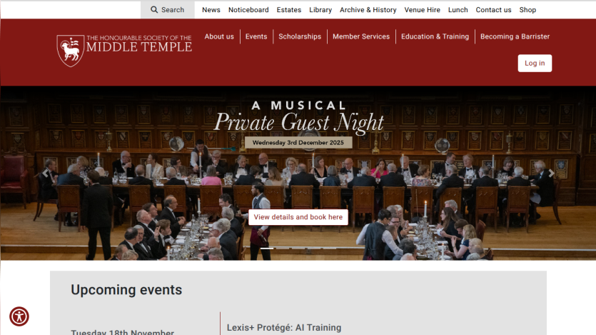 The Honourable Society of the Middle Temple website showing a musical Private Guest Night event on 3rd December 2025 and upcoming events section