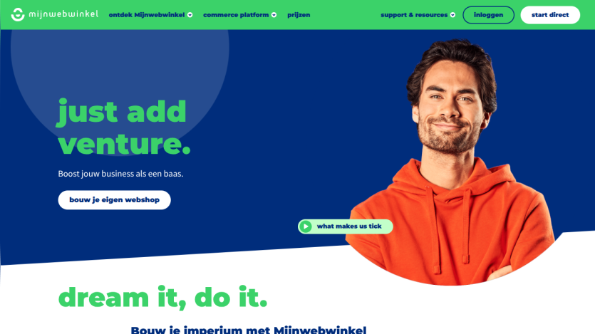 Homepage featuring a man in an orange hoodie with the text 'just add venture' and 'dream it, do it.'