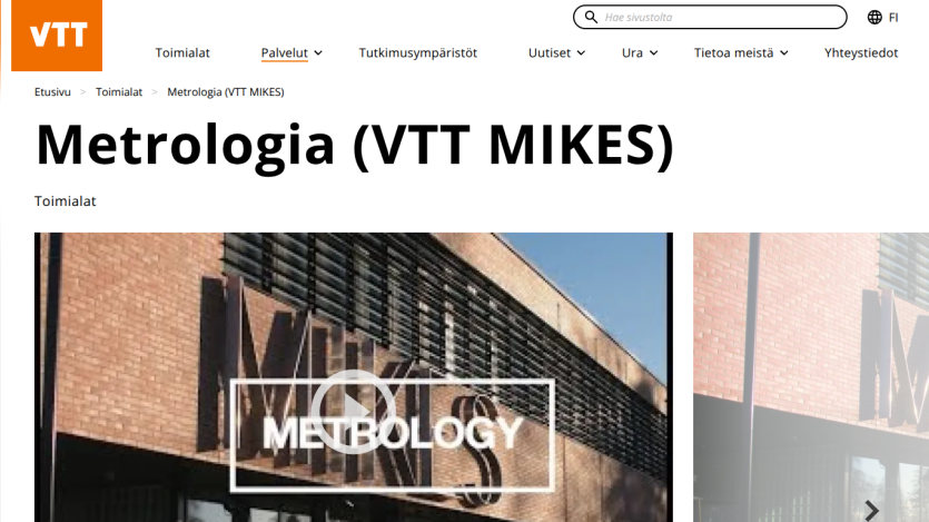 Metrologia (VTT MIKES) page with navigation menu and hero image of building exterior