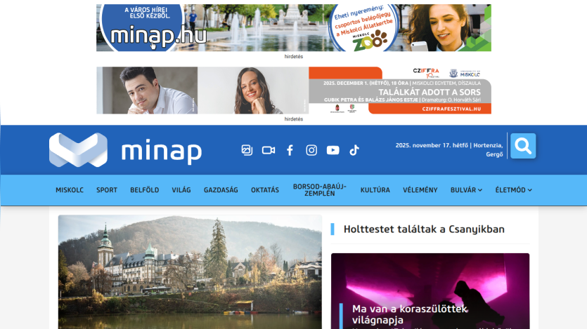 Hungarian news website minap.hu with navigation bar and headlines including 'Holttestet találtak a Csanyikban'