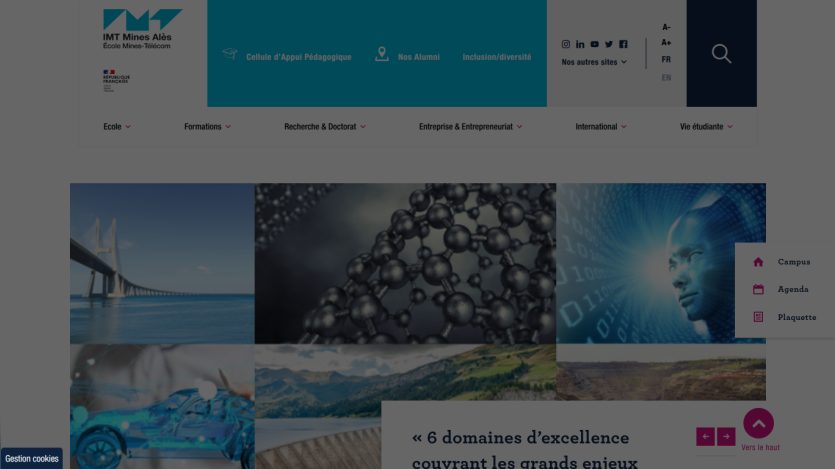 IMT Mines Alès website header with navigation and six images representing domains of excellence