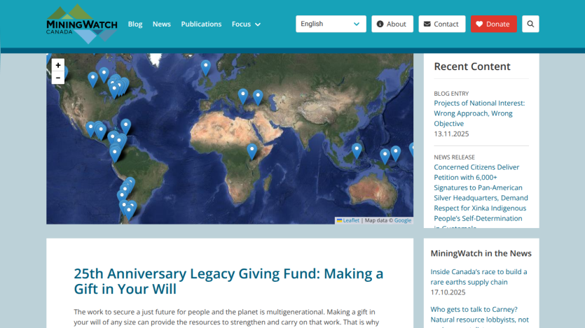 MiningWatch Canada website with navigation, interactive world map of mining sites, and articles on legacy giving and recent news
